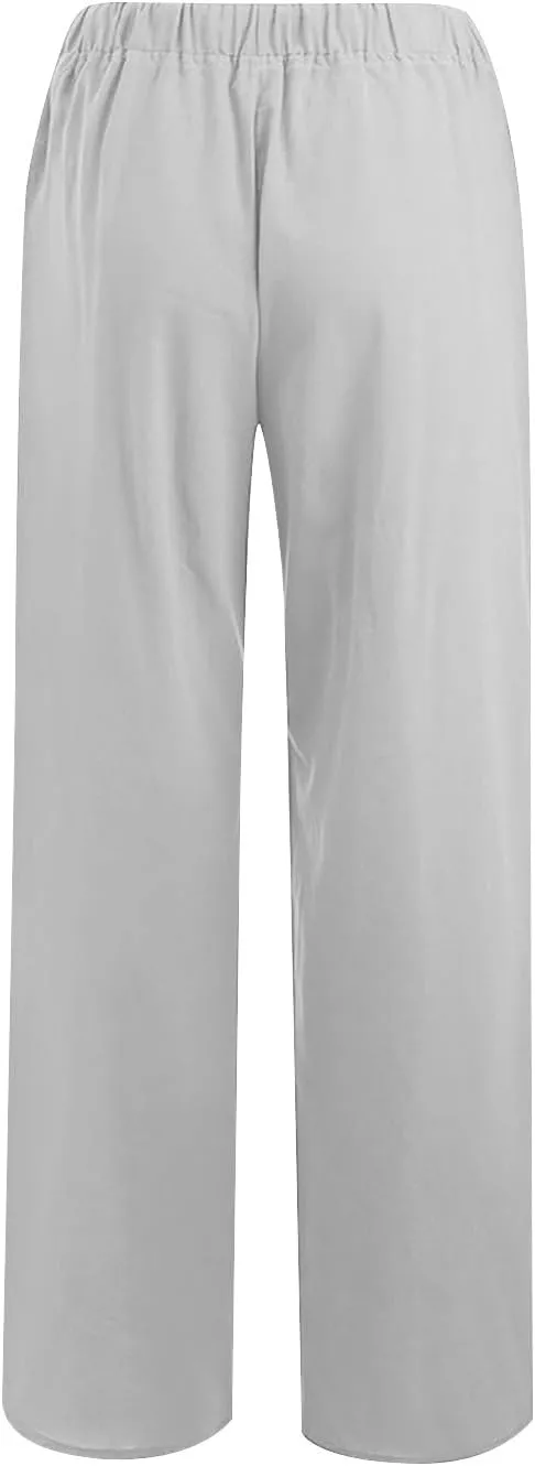 PTOLOCIF Cotton Linen Pants for Women Drawstring Back Elastic Waist Pants High Waist Casual Lounge Trousers with Pockets