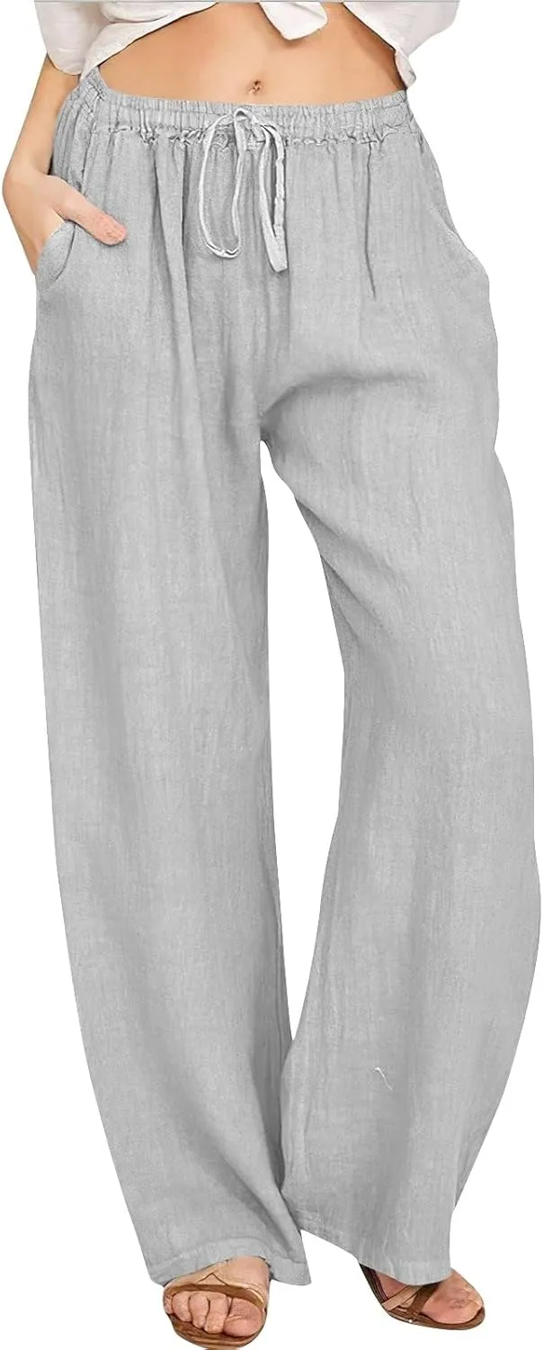 PTOLOCIF Cotton Linen Pants for Women Drawstring Back Elastic Waist Pants High Waist Casual Lounge Trousers with Pockets