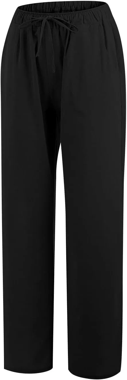 PTOLOCIF Cotton Linen Pants for Women Drawstring Back Elastic Waist Pants High Waist Casual Lounge Trousers with Pockets
