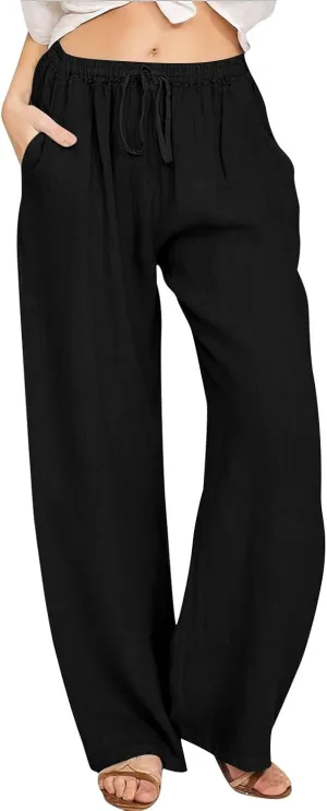 PTOLOCIF Cotton Linen Pants for Women Drawstring Back Elastic Waist Pants High Waist Casual Lounge Trousers with Pockets