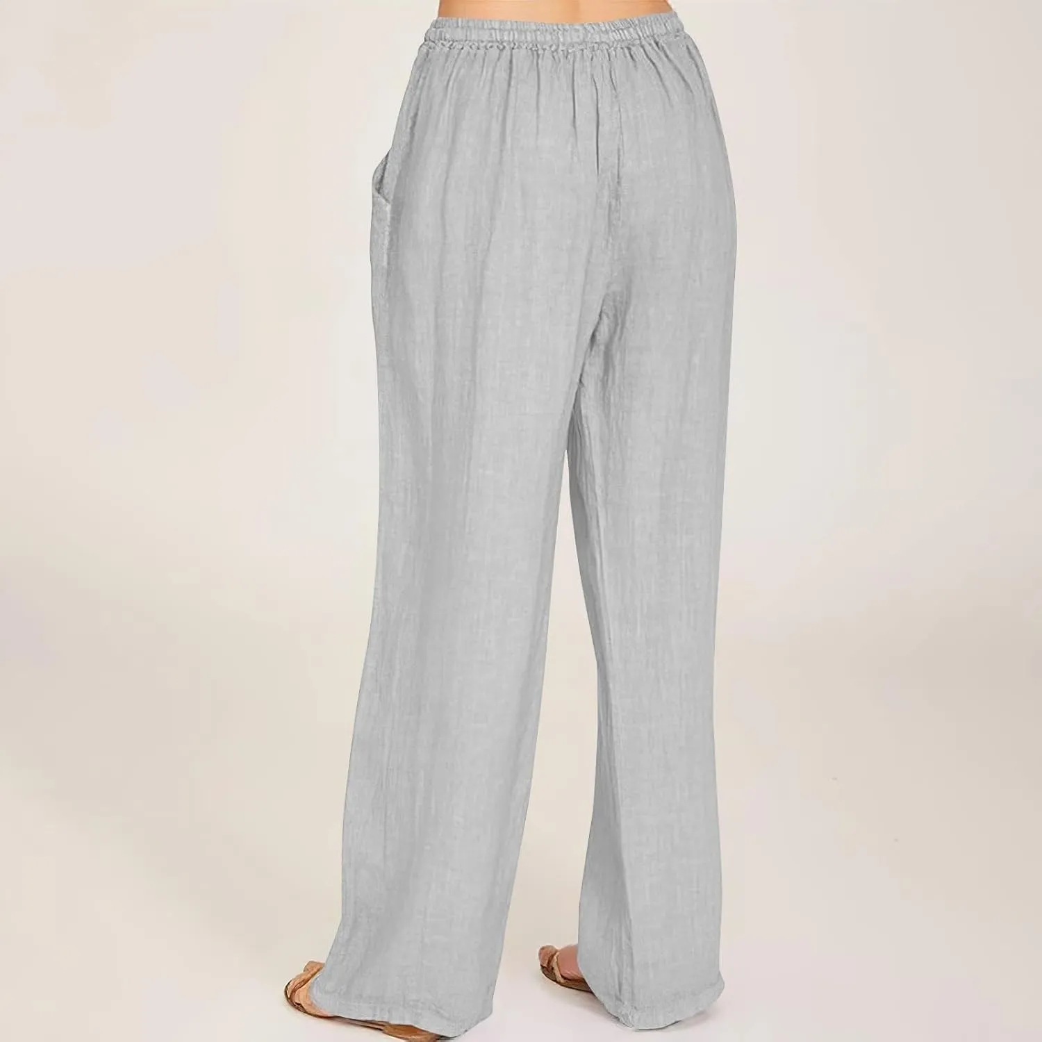 PTOLOCIF Cotton Linen Pants for Women Drawstring Back Elastic Waist Pants High Waist Casual Lounge Trousers with Pockets