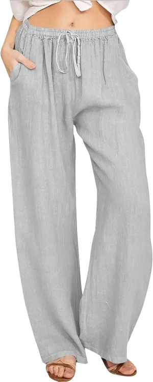 PTOLOCIF Cotton Linen Pants for Women Drawstring Back Elastic Waist Pants High Waist Casual Lounge Trousers with Pockets