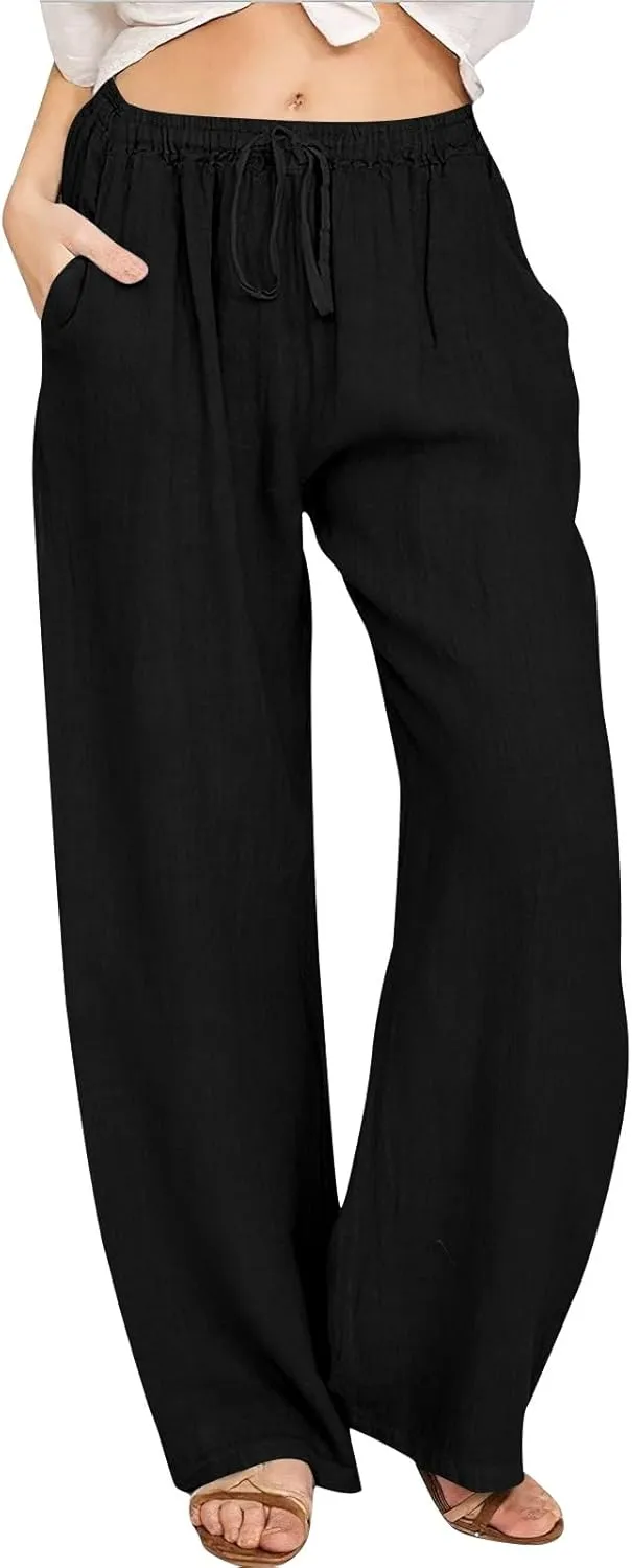 PTOLOCIF Cotton Linen Pants for Women Drawstring Back Elastic Waist Pants High Waist Casual Lounge Trousers with Pockets