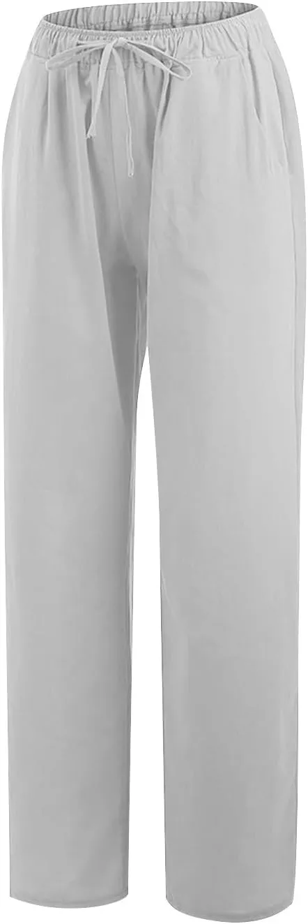PTOLOCIF Cotton Linen Pants for Women Drawstring Back Elastic Waist Pants High Waist Casual Lounge Trousers with Pockets