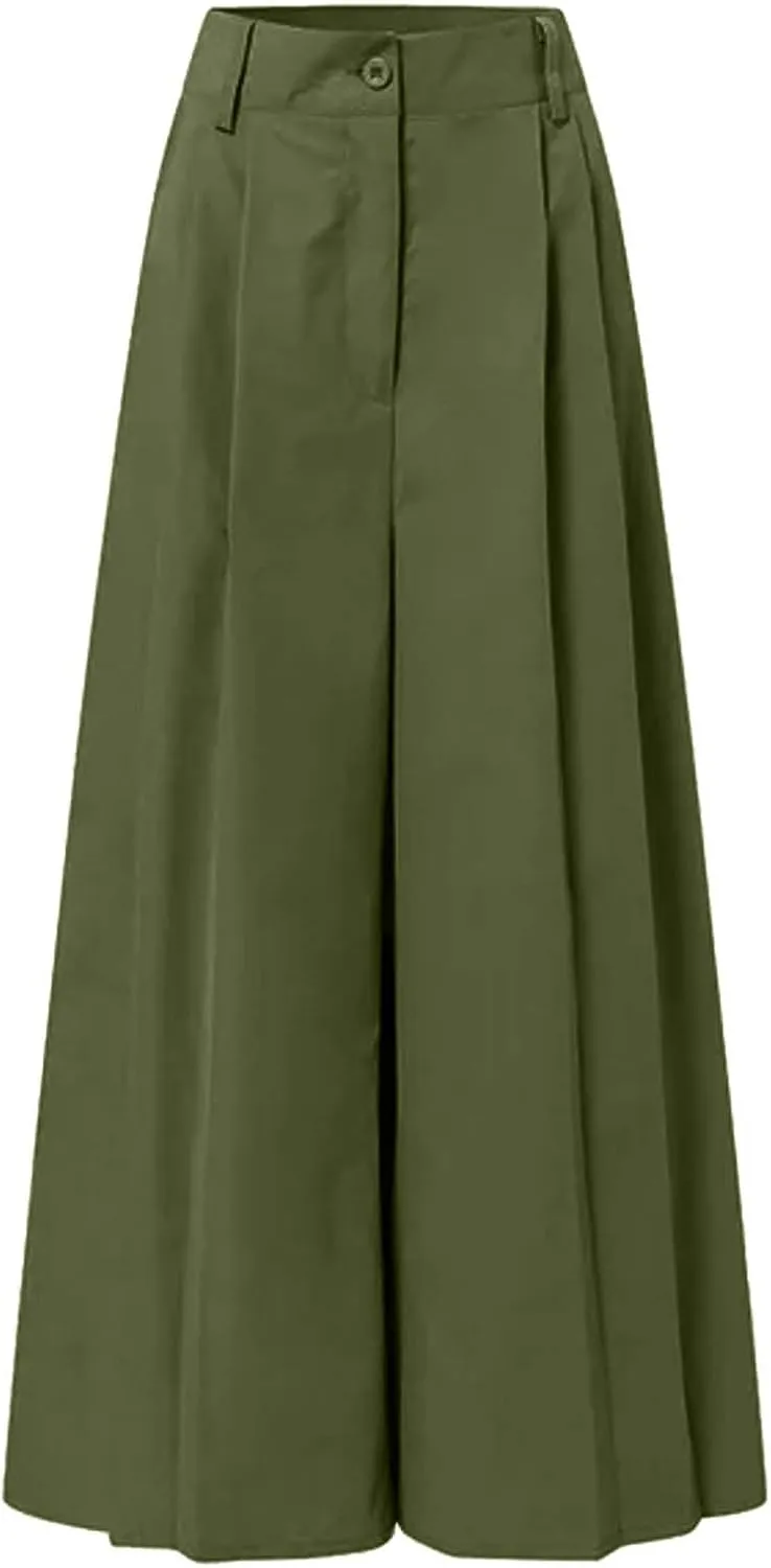 PTOLOCIF Cotton Linen Pants for Women Summer Flowy High Waisted Beach Pants Flowy Wide Leg Palazzo Trousers with Pcokets