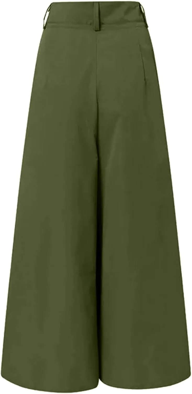 PTOLOCIF Cotton Linen Pants for Women Summer Flowy High Waisted Beach Pants Flowy Wide Leg Palazzo Trousers with Pcokets