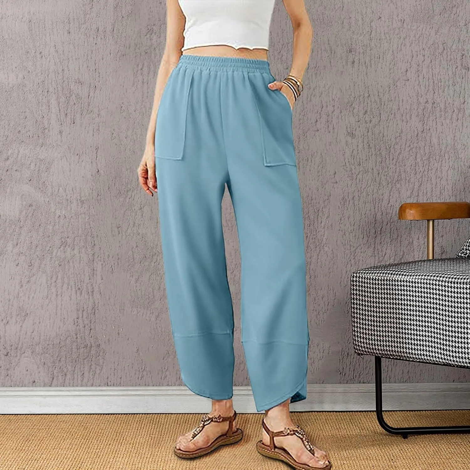 PTOLOCIF Cotton Linen Pants Women High Waisted Long Palazzo Pants Wide Leg Cotton Linen Lounge Pant Trousers with Pockets