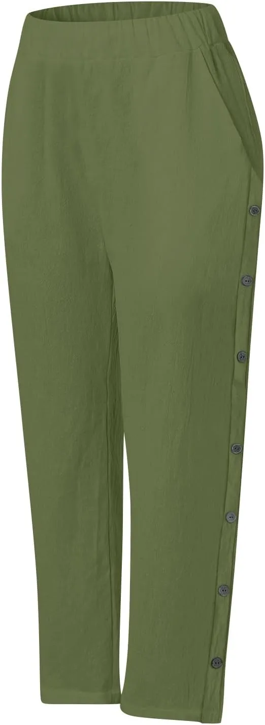 PTOLOCIF Cotton Linen Pants Women Summer Drawstring Wide Leg Pants Loose Casual Cotton Linen Palazzo Pant with Pockets