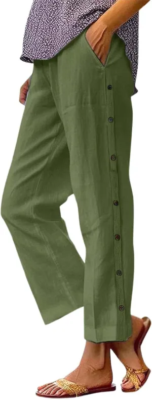 PTOLOCIF Cotton Linen Pants Women Summer Drawstring Wide Leg Pants Loose Casual Cotton Linen Palazzo Pant with Pockets