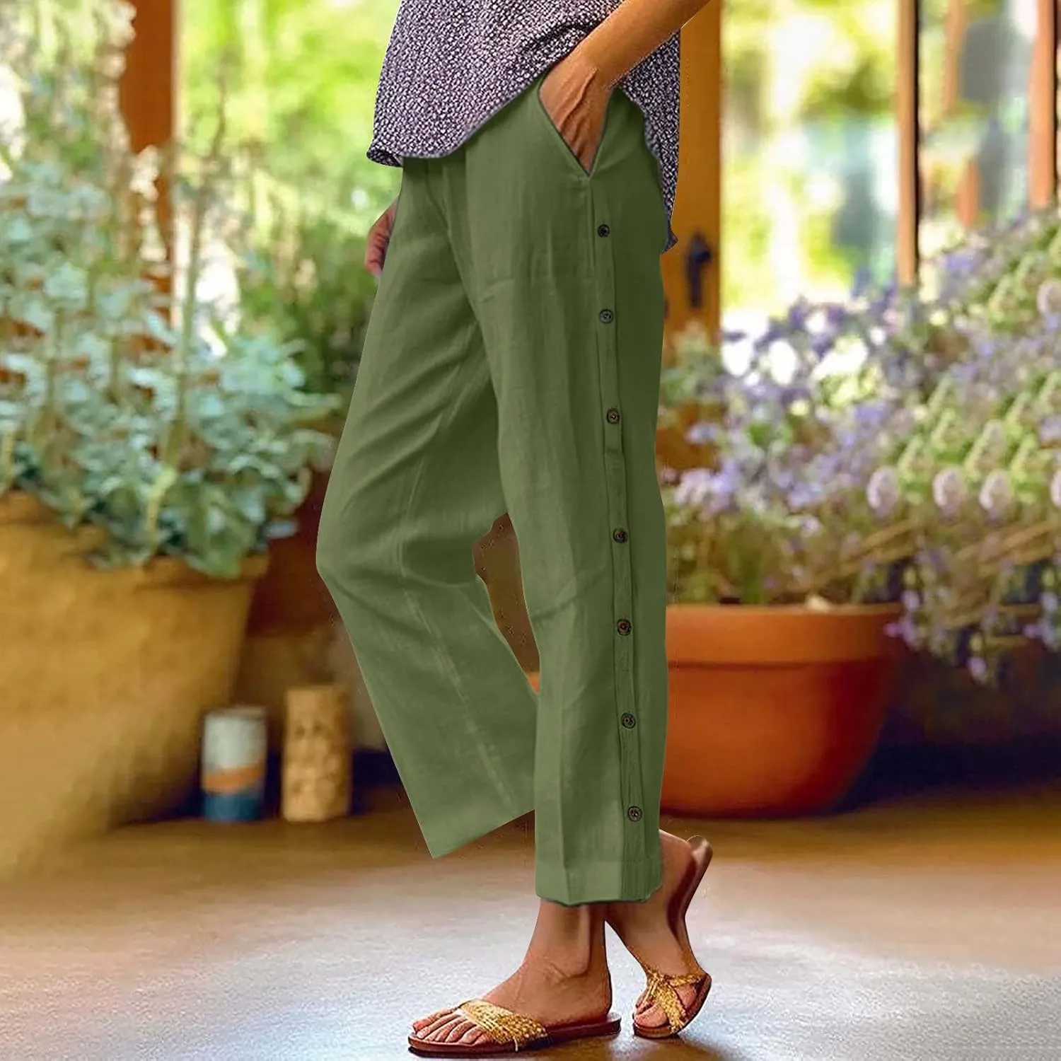 PTOLOCIF Cotton Linen Pants Women Summer Drawstring Wide Leg Pants Loose Casual Cotton Linen Palazzo Pant with Pockets