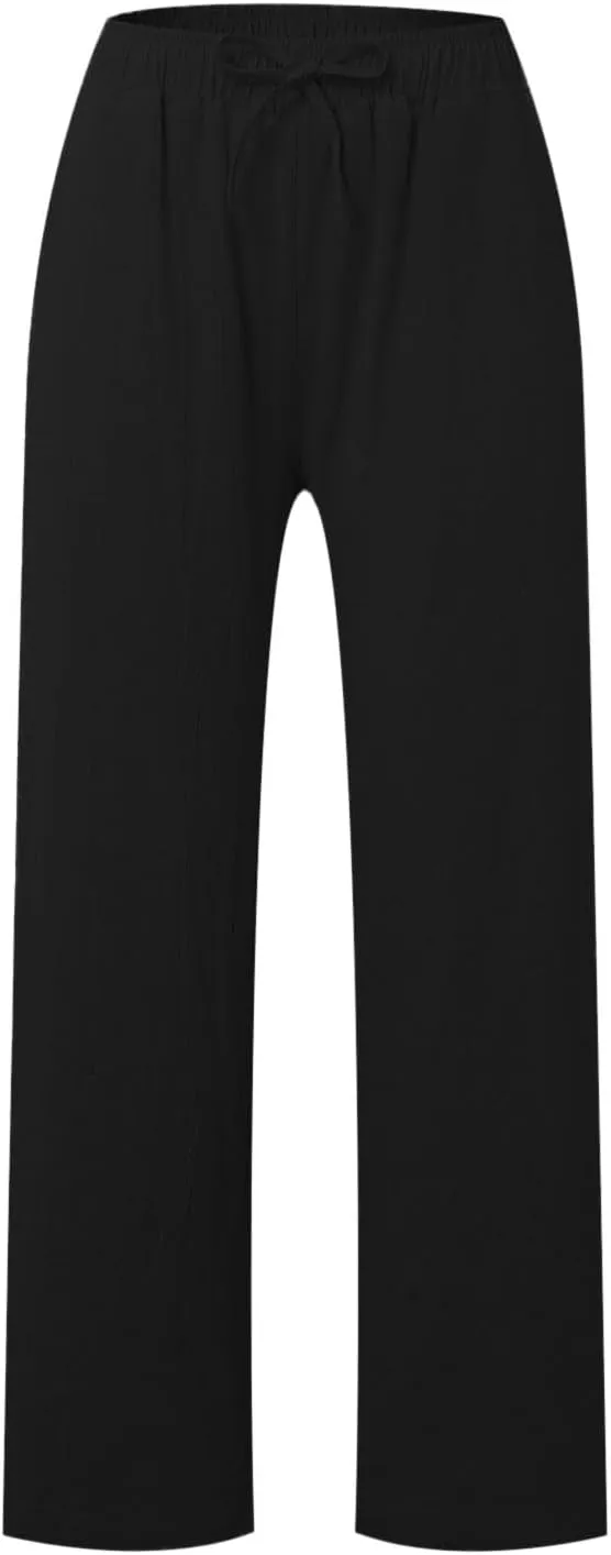 PTOLOCIF Cotton Linen Pants Women Wide Leg Casual Loose Pants High Waisted Drawstring Palazzo Capri Trousers with Pockets