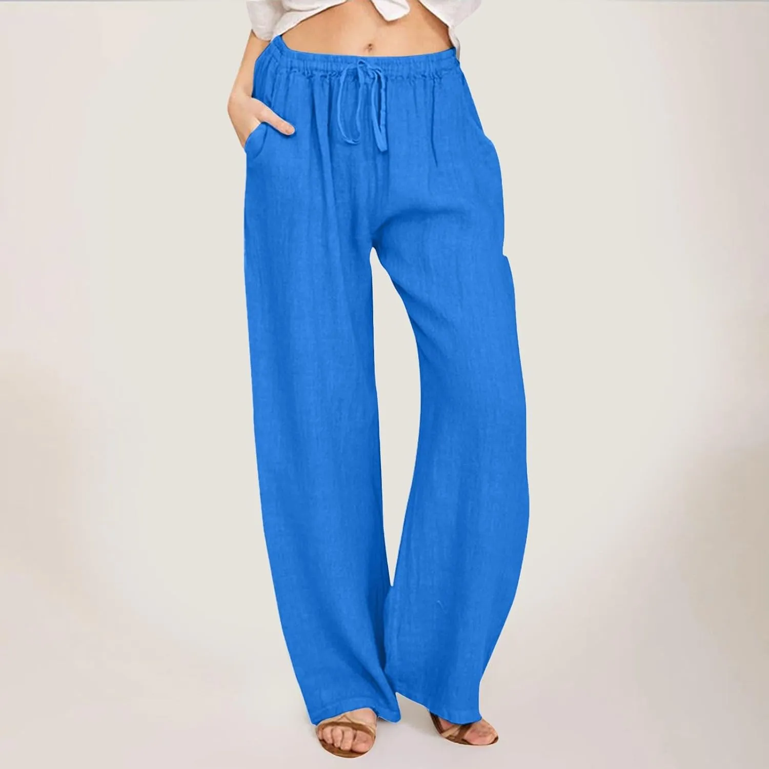 PTOLOCIF Cotton Linen Pants Women Wide Leg Casual Loose Pants High Waisted Drawstring Palazzo Capri Trousers with Pockets