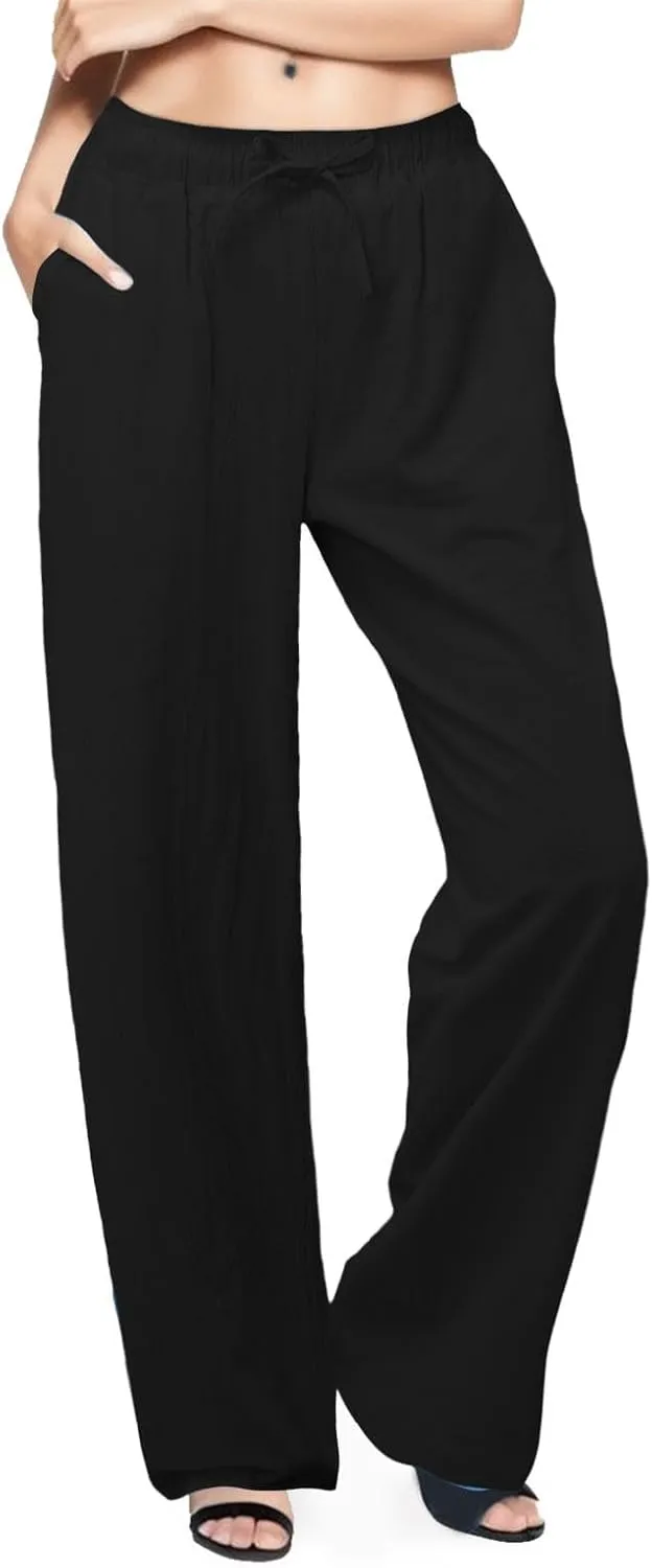 PTOLOCIF Cotton Linen Pants Women Wide Leg Casual Loose Pants High Waisted Drawstring Palazzo Capri Trousers with Pockets
