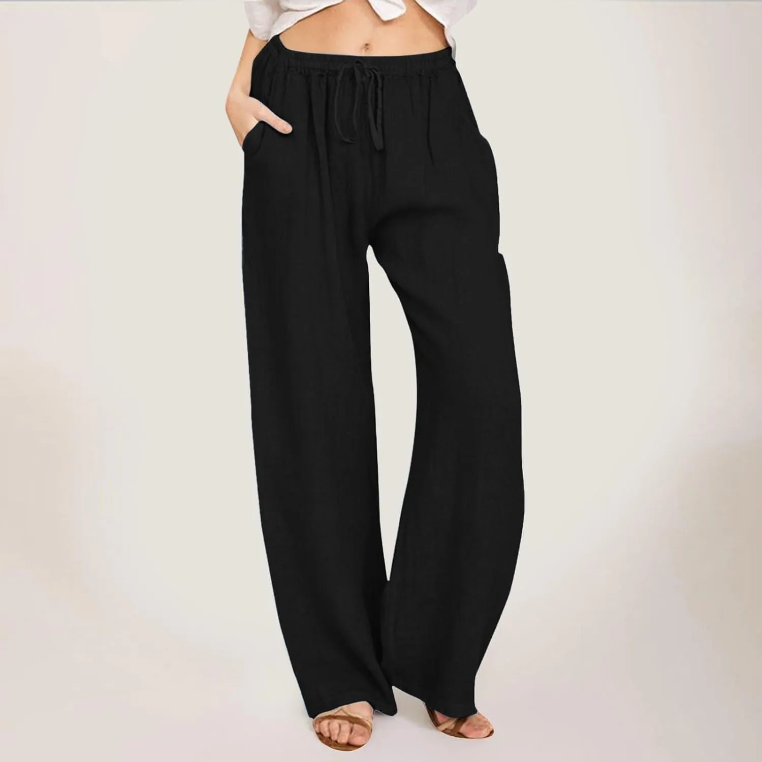 PTOLOCIF Cotton Linen Pants Women Wide Leg Casual Loose Pants High Waisted Drawstring Palazzo Capri Trousers with Pockets