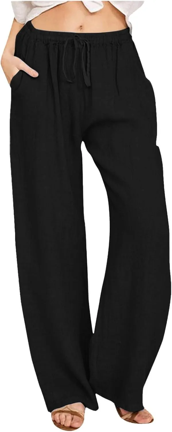 PTOLOCIF Cotton Linen Pants Women Wide Leg Casual Loose Pants High Waisted Drawstring Palazzo Capri Trousers with Pockets