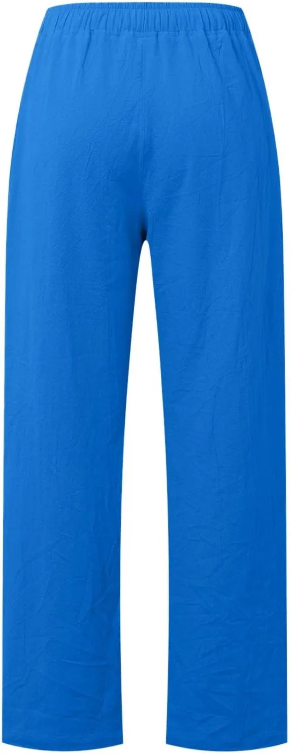 PTOLOCIF Cotton Linen Pants Women Wide Leg Casual Loose Pants High Waisted Drawstring Palazzo Capri Trousers with Pockets