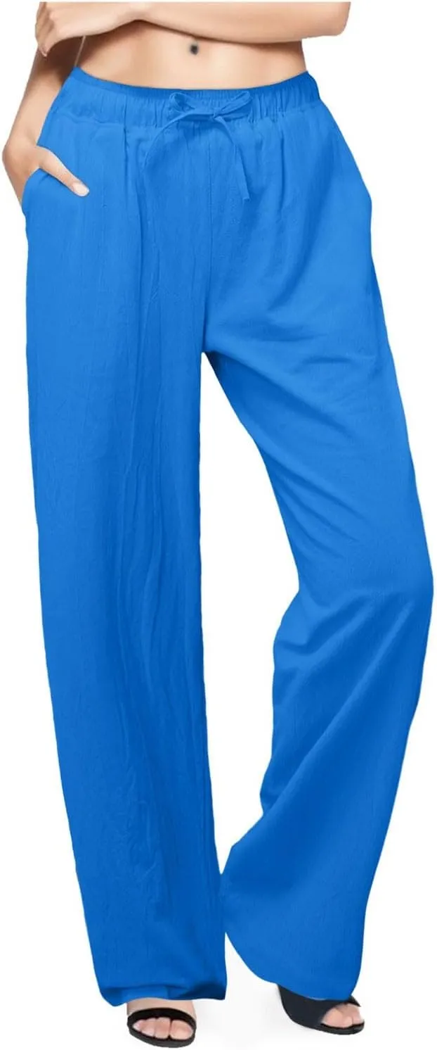 PTOLOCIF Cotton Linen Pants Women Wide Leg Casual Loose Pants High Waisted Drawstring Palazzo Capri Trousers with Pockets