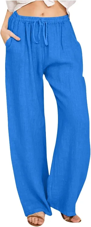 PTOLOCIF Cotton Linen Pants Women Wide Leg Casual Loose Pants High Waisted Drawstring Palazzo Capri Trousers with Pockets