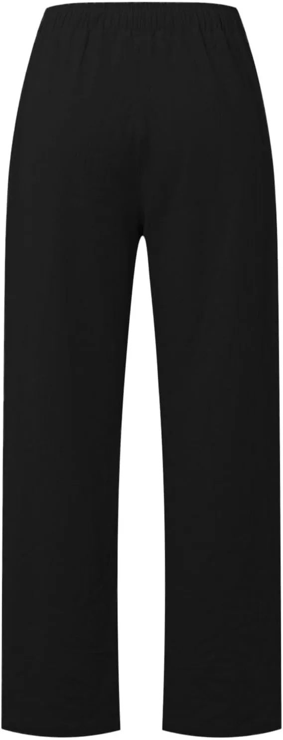 PTOLOCIF Cotton Linen Pants Women Wide Leg Casual Loose Pants High Waisted Drawstring Palazzo Capri Trousers with Pockets