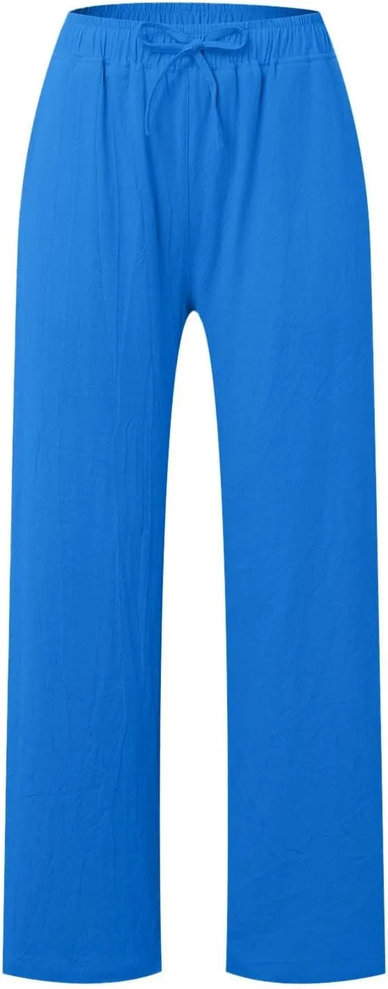 PTOLOCIF Cotton Linen Pants Women Wide Leg Casual Loose Pants High Waisted Drawstring Palazzo Capri Trousers with Pockets