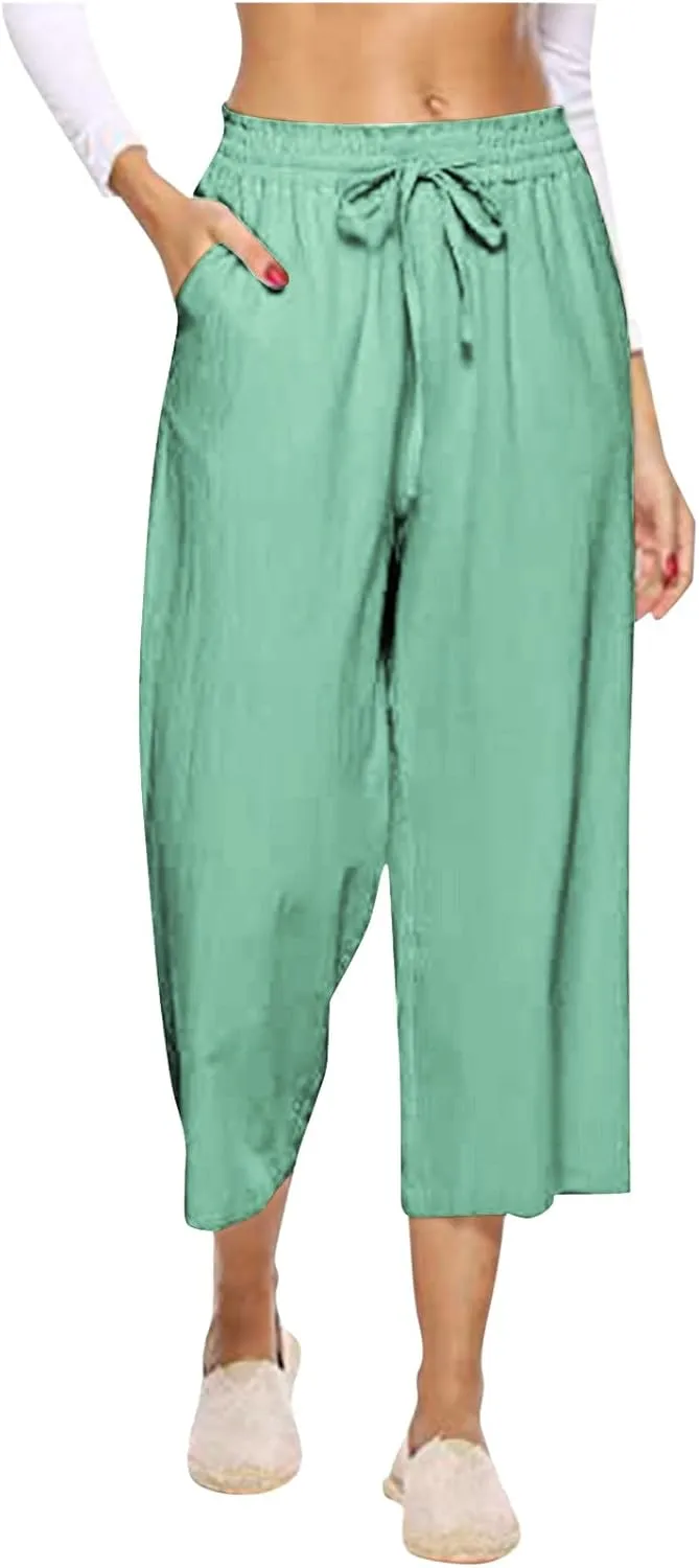 PTOLOCIF Cotton Pants for Women Casual Elastic Waist Wide Leg Pants with Pockets High Waisted Drawstring Beach Pant Trousers