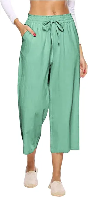PTOLOCIF Cotton Pants for Women Casual Elastic Waist Wide Leg Pants with Pockets High Waisted Drawstring Beach Pant Trousers
