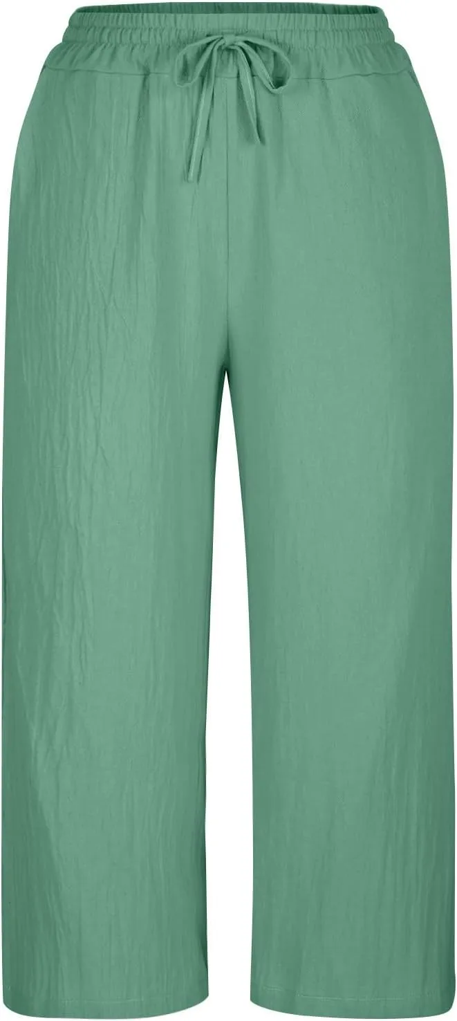 PTOLOCIF Cotton Pants for Women Casual Elastic Waist Wide Leg Pants with Pockets High Waisted Drawstring Beach Pant Trousers