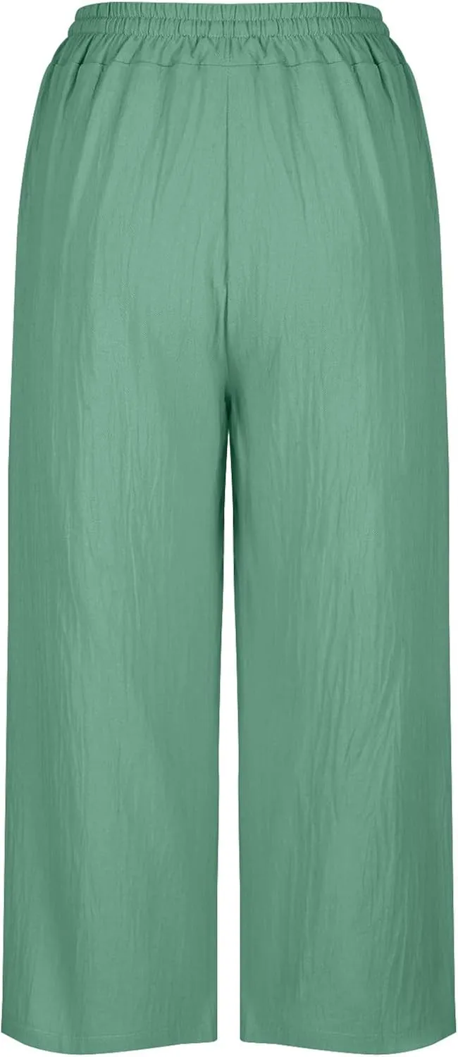 PTOLOCIF Cotton Pants for Women Casual Elastic Waist Wide Leg Pants with Pockets High Waisted Drawstring Beach Pant Trousers