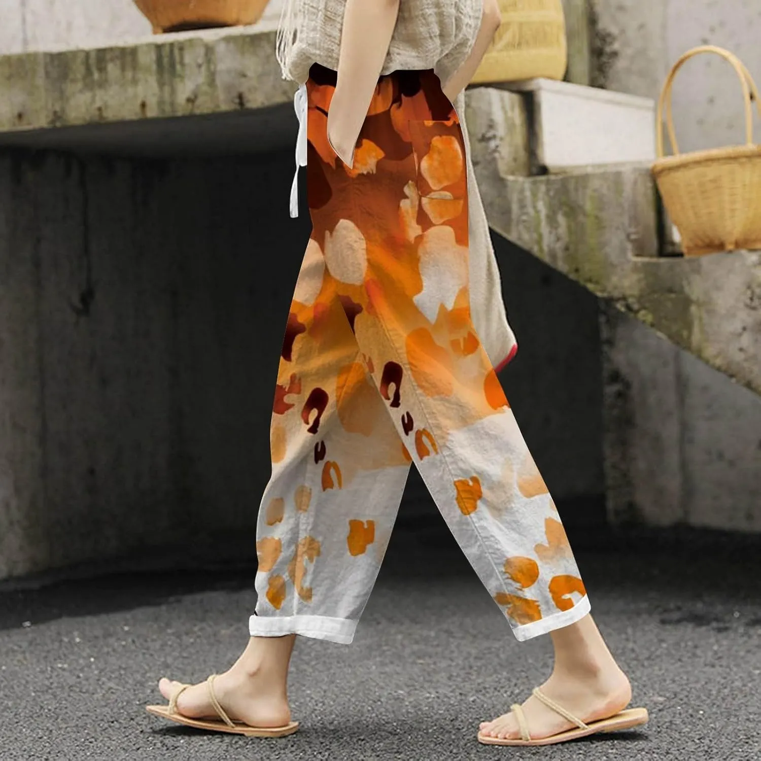 PTOLOCIF Cotton Pants for Women Summer Wide Leg Casual Loose Pant Drawstring High Waist Palazzo Pant Trousers with Pockets