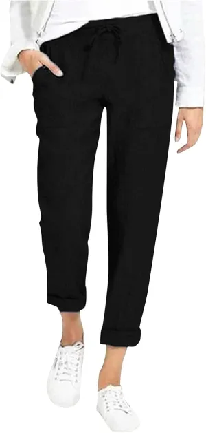 PTOLOCIF Linen Pants for Women Summer Drawstring Waist Pants Wide Leg Loose Cotton Linen Palazzo Trousers with Pockets