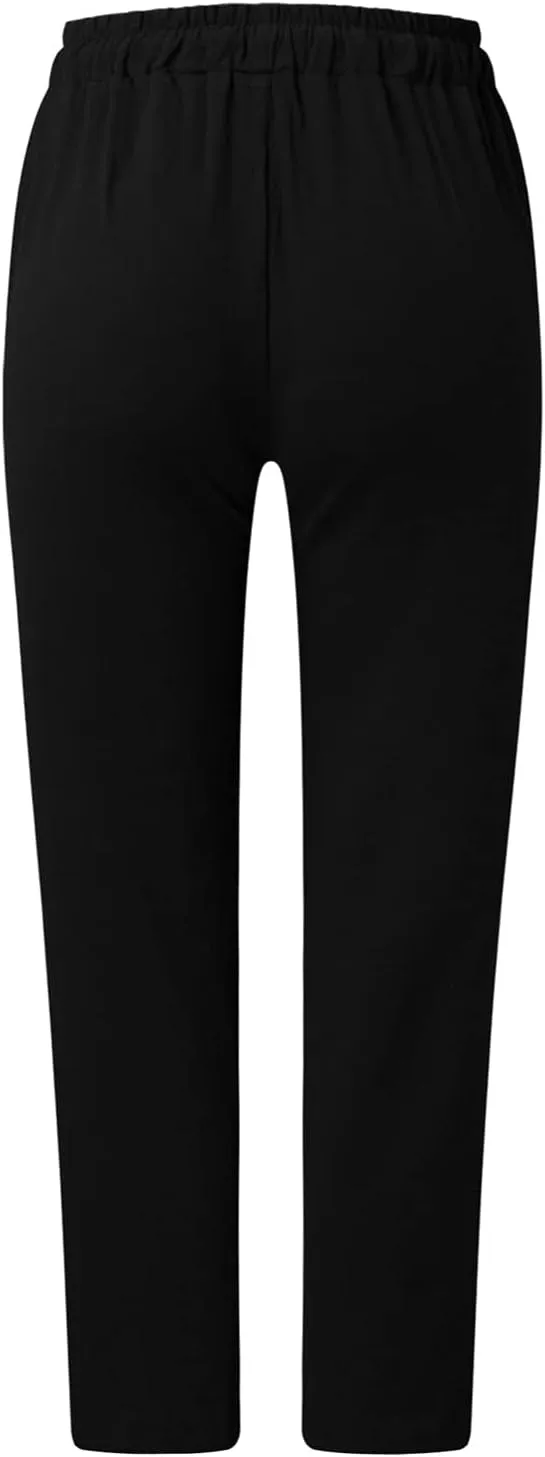 PTOLOCIF Linen Pants for Women Summer Drawstring Waist Pants Wide Leg Loose Cotton Linen Palazzo Trousers with Pockets