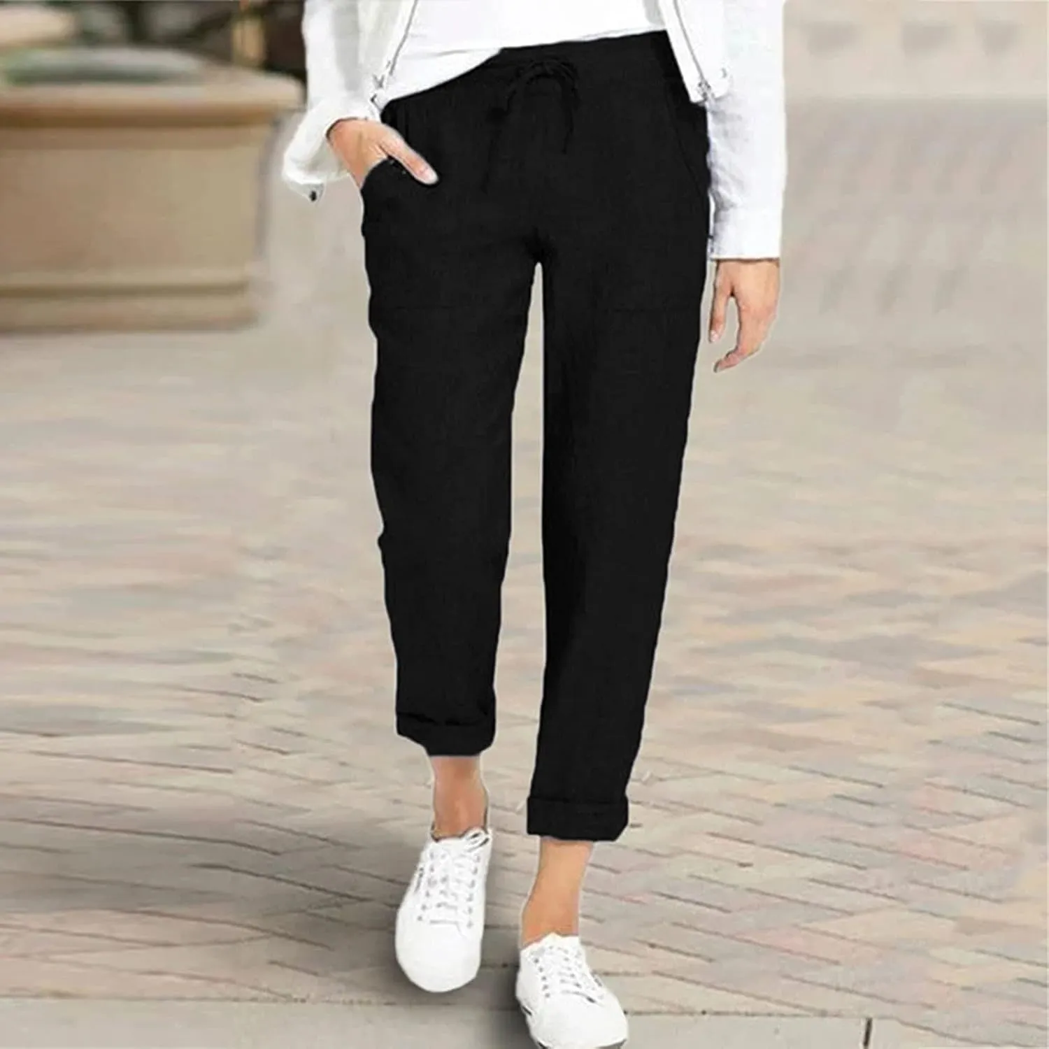 PTOLOCIF Linen Pants for Women Summer Drawstring Waist Pants Wide Leg Loose Cotton Linen Palazzo Trousers with Pockets