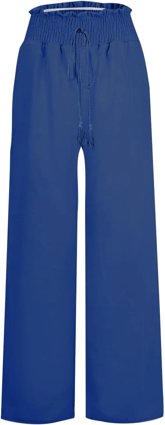 PTOLOCIF Linen Pants Women Summer High Waist Elastic Pants Straight Leg Lounge Pant Casual Loose Lightweight Beach Trousers