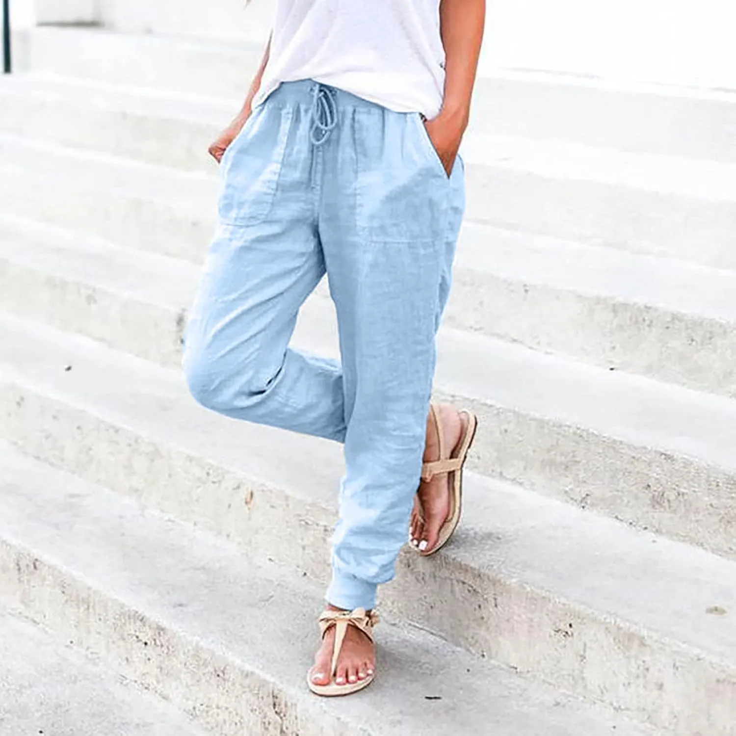 PTOLOCIF Linen Pants Women Wide Leg Casual Palazzo Pants Cotton Linen Lounge Beach Trousers Summer Boho Pant with Pockets