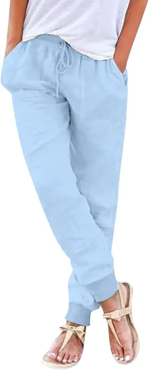 PTOLOCIF Linen Pants Women Wide Leg Casual Palazzo Pants Cotton Linen Lounge Beach Trousers Summer Boho Pant with Pockets