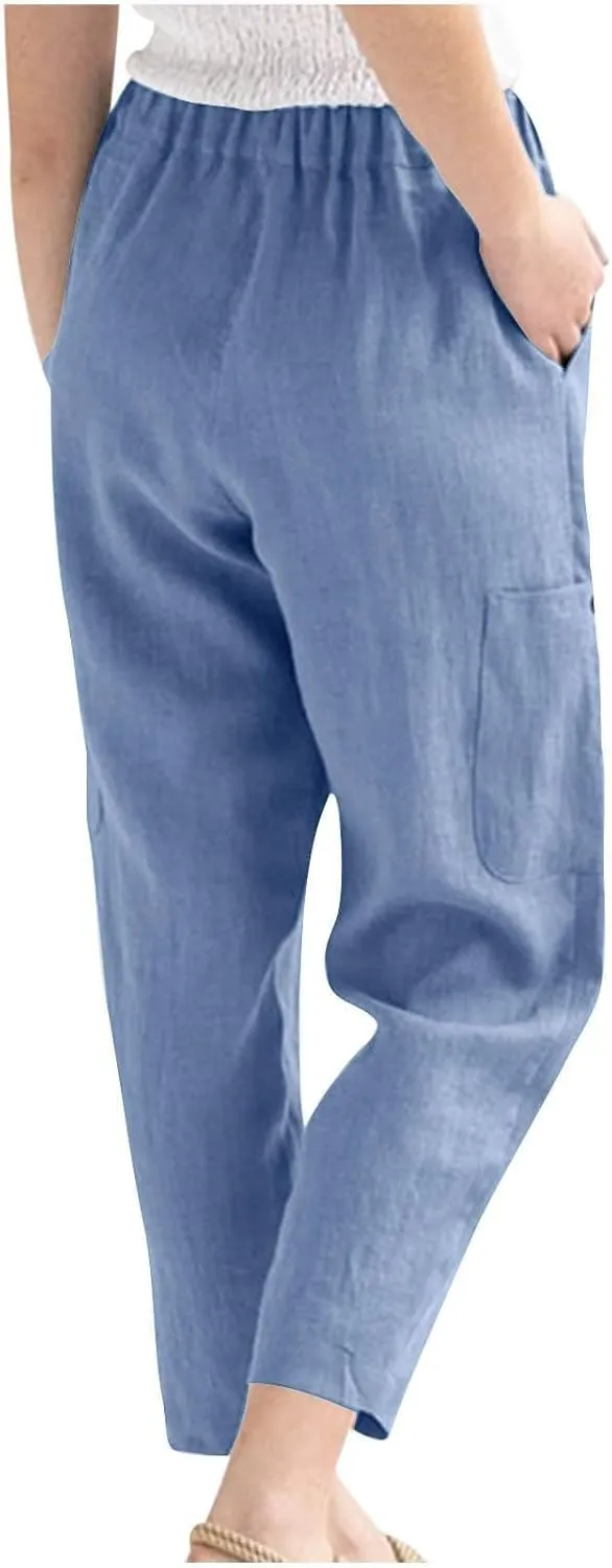PTOLOCIF Petite Linen Pants for Women Baggy Wide Leg Trousers Casual Patchwark Elastic Waist Harem Linen Pants with Pcokets