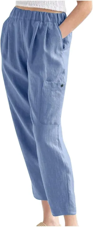 PTOLOCIF Petite Linen Pants for Women Baggy Wide Leg Trousers Casual Patchwark Elastic Waist Harem Linen Pants with Pcokets