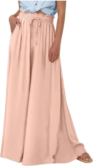 PTOLOCIF Petite Linen Pants for Women Summer Drawstring Elastic Waist Pants Wide Leg Cropped Lounge Trousers with Pockets