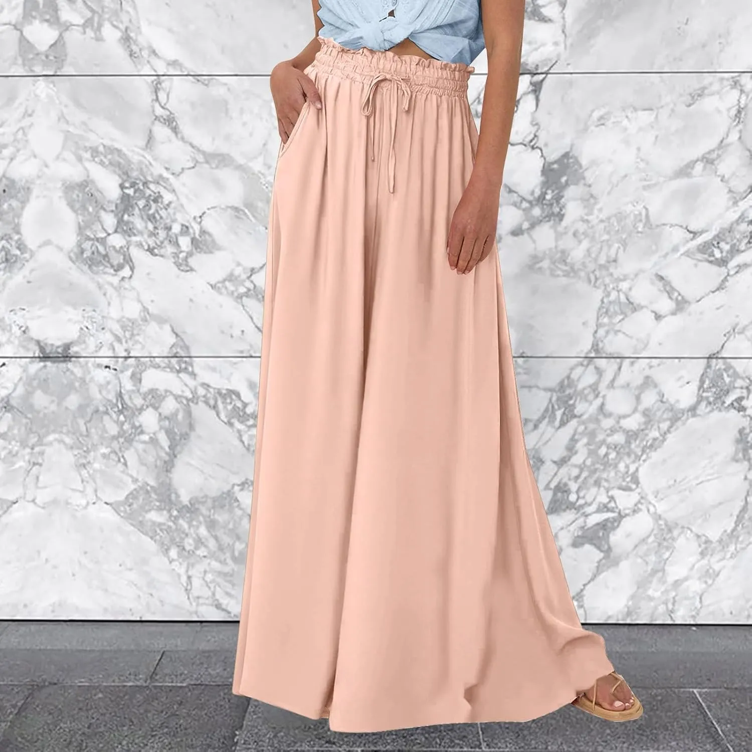 PTOLOCIF Petite Linen Pants for Women Summer Drawstring Elastic Waist Pants Wide Leg Cropped Lounge Trousers with Pockets