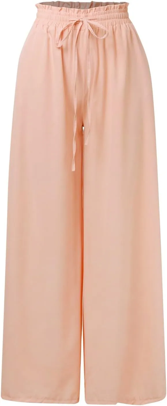 PTOLOCIF Petite Linen Pants for Women Summer Drawstring Elastic Waist Pants Wide Leg Cropped Lounge Trousers with Pockets