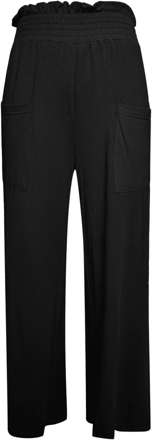 PTOLOCIF Petite Linen Pants for Women Summer Drawstring Waist Pants Wide Leg Loose Cotton Linen Palazzo Trousers with Pockets