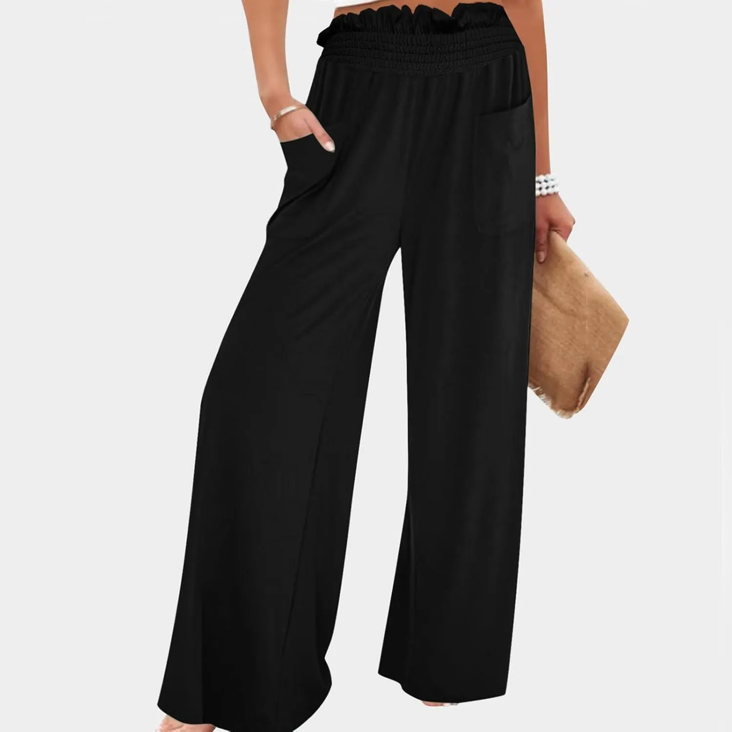 PTOLOCIF Petite Linen Pants for Women Summer Drawstring Waist Pants Wide Leg Loose Cotton Linen Palazzo Trousers with Pockets