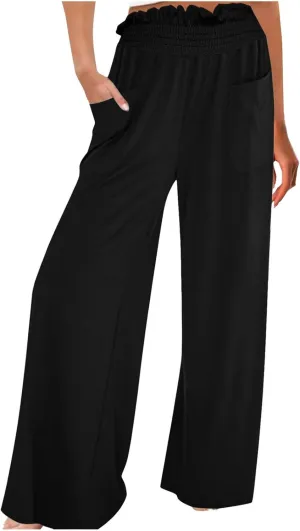 PTOLOCIF Petite Linen Pants for Women Summer Drawstring Waist Pants Wide Leg Loose Cotton Linen Palazzo Trousers with Pockets