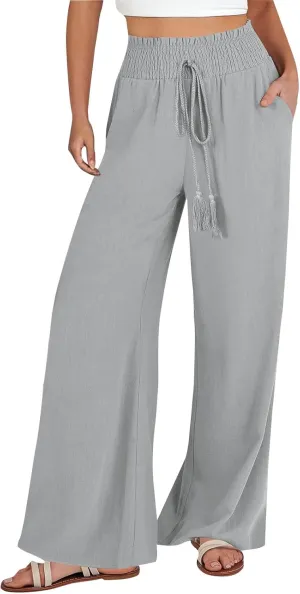 PTOLOCIF Women's Casual Cotton Linen Pants Drawstring Elastic Waist Palazzo Pants Casual Flowy Wide Leg Trousers with Pockets