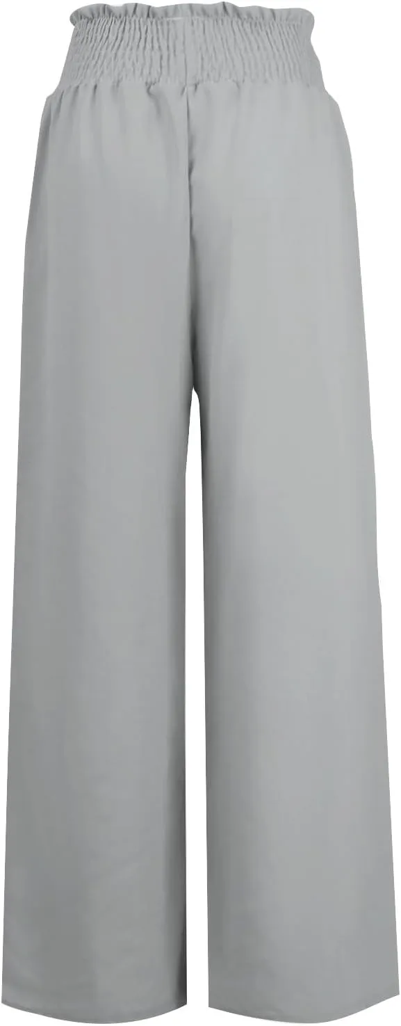 PTOLOCIF Women's Casual Cotton Linen Pants Drawstring Elastic Waist Palazzo Pants Casual Flowy Wide Leg Trousers with Pockets