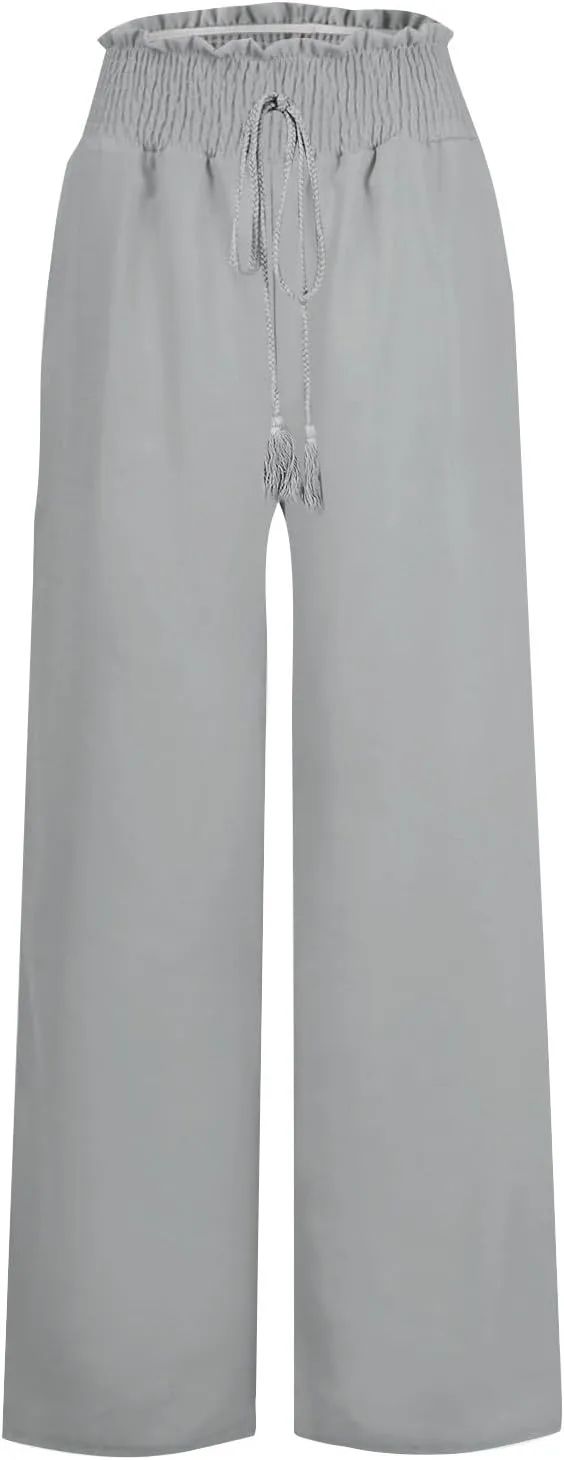 PTOLOCIF Women's Casual Cotton Linen Pants Drawstring Elastic Waist Palazzo Pants Casual Flowy Wide Leg Trousers with Pockets