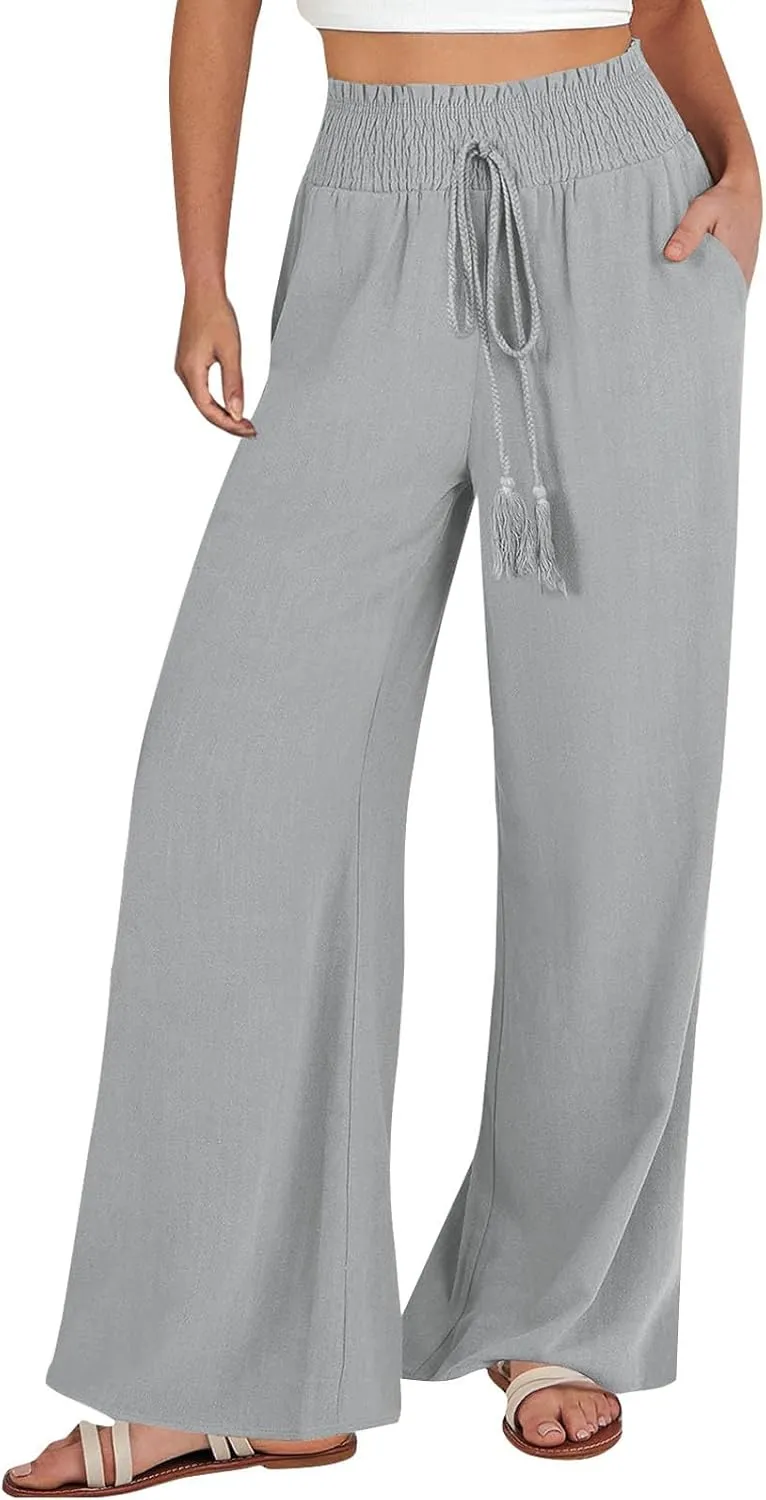 PTOLOCIF Women's Casual Cotton Linen Pants Drawstring Elastic Waist Palazzo Pants Casual Flowy Wide Leg Trousers with Pockets