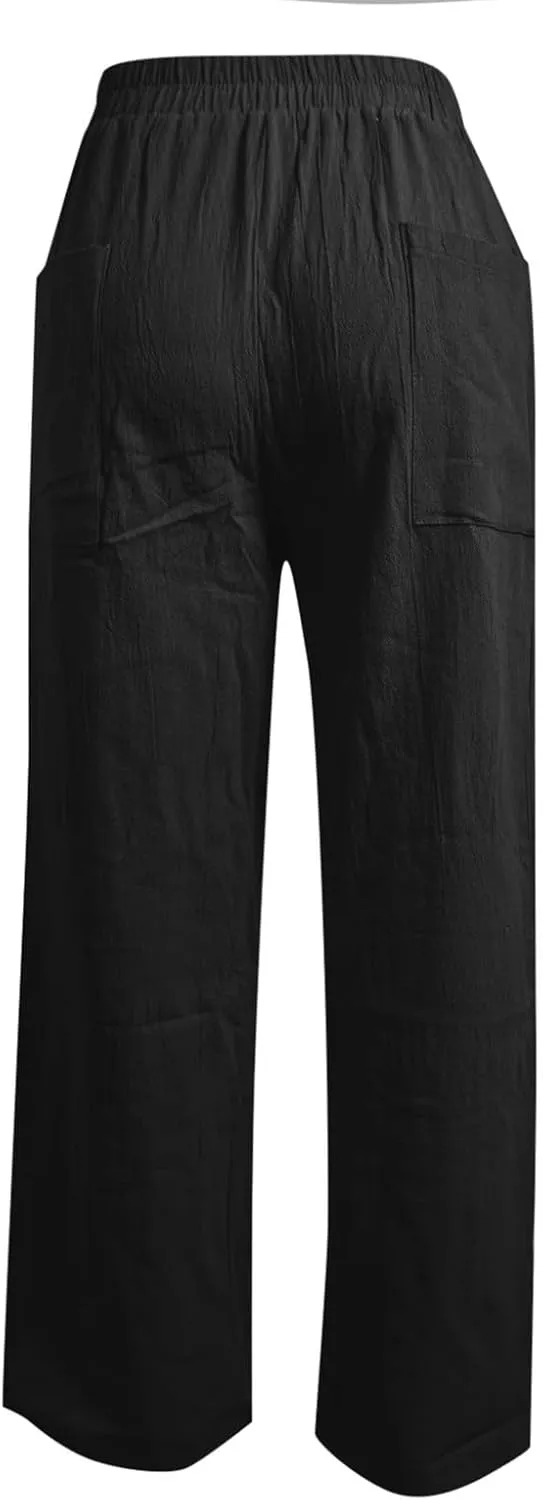 PTOLOCIF Womens Casual Cotton Linen Pants High Waist Drawstring Pants with Cotton Loose Casual Boho Trouser with Pockets