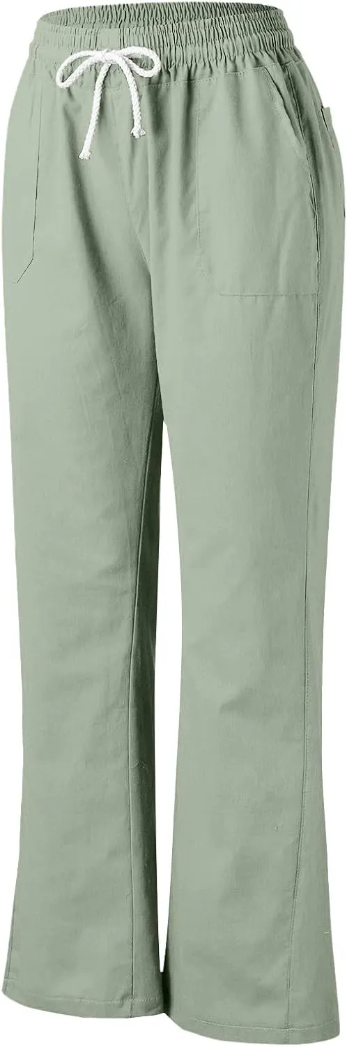 PTOLOCIF Women's Casual Cotton Linen Pants Summer Flowy High Waisted Beach Pants Flowy Wide Leg Palazzo Trousers with Pcokets