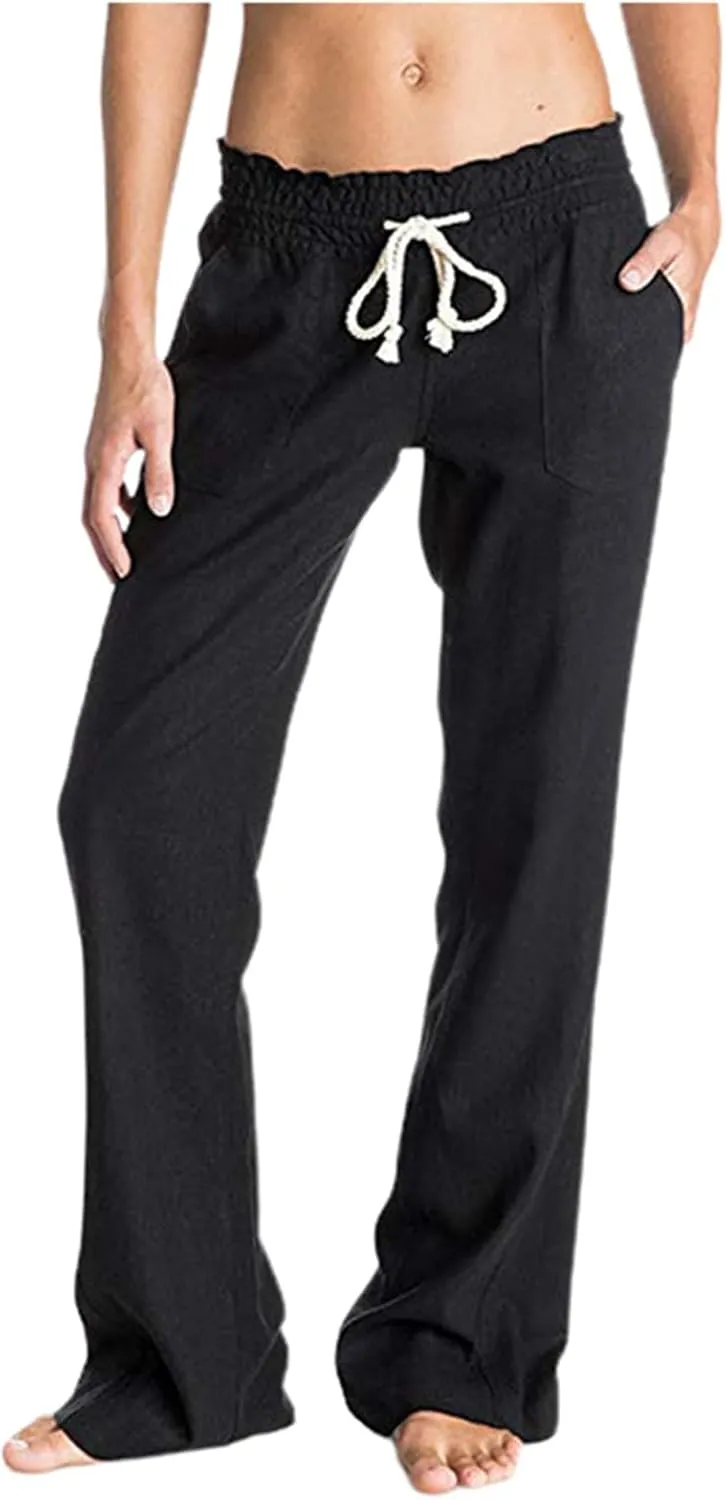 PTOLOCIF Women's Casual Cotton Linen Pants Summer Flowy High Waisted Beach Pants Flowy Wide Leg Palazzo Trousers with Pcokets